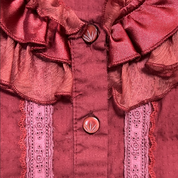 Denim 24/7 Wine Ruffle Cotton Blouse Button up with Lace Trim Fancy size 22 - Picture 7 of 14